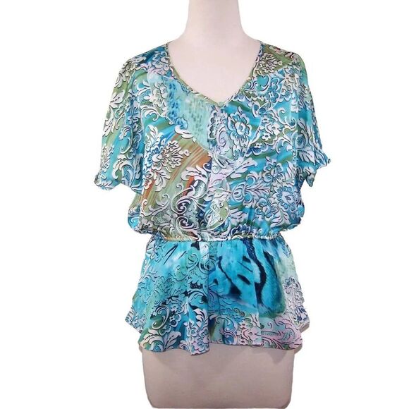 Milano Top Shirt S Ruffle Flutter Cold Shoulder Blue White Green Floral Blouse - Picture 1 of 12